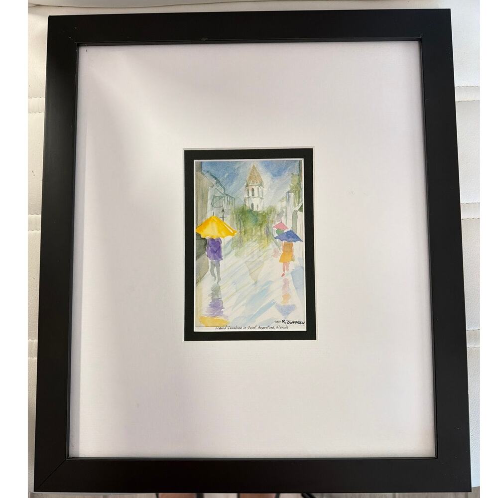 Robert Johansen Framed Watercolor Print Umbrella St. Augustine Street Scene